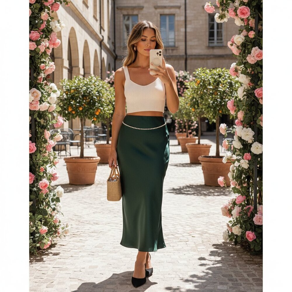 Rachel Zoe Green Satin Slip Midi Skirt with Pearl Chain Size 6 NWT